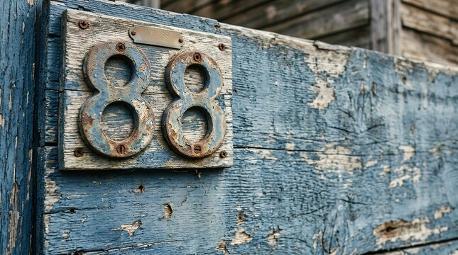 Weathered Two Digit Number Eighty Eight Mounted on Rustic Textured Aged Surface with Ample Copy Space number 88 eighty eight eighty eight weathered blue texture wall rustic old sign numeral digit