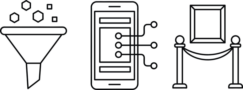 Digital art curation icon set featuring data filtering mobile content management and museum gallery exhibition display outline vectors