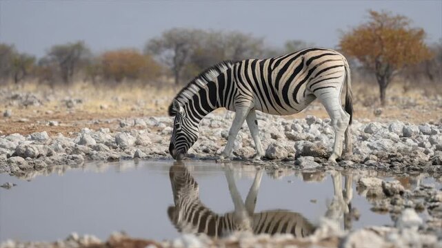A zebra drinks from a still pond, its reflection visible. Barren landscape and trees in background