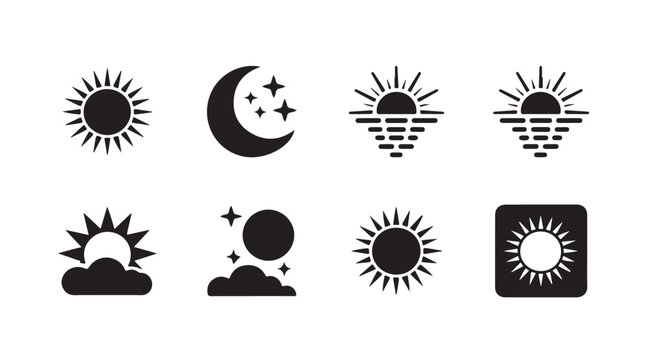 Sun weather icons set with clouds and star night symbols for intuitive meteorological interface design and app graphics.