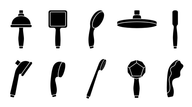 Shower head types and bathroom sprayer silhouette vector icon set including handheld shower wand, rain shower head, square shower head, fixed wall shower and geometric wand

