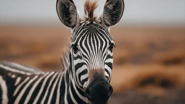 Close-up of a zebra's face, showcasing striking black and white stripes and expressive eyes