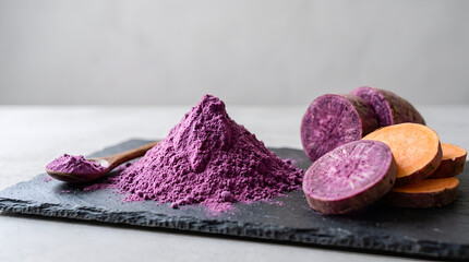 Naklejka premium Purple sweet potato powder mound with fresh sliced yam tubers on a slate board