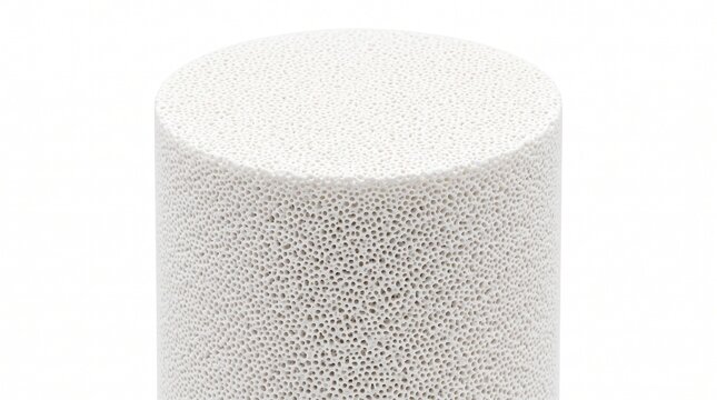 Porous ceramic filter element for chemical filtration. Macro view of a micro-machined white cylindrical block with ultra-fine porous surface texture for industrial fluid processing.