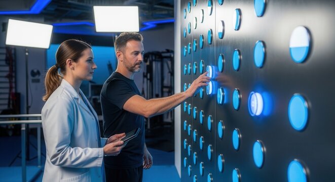 Medical professional observes patient interacting with interactive light wall for rehabilitation or cognitive testing in a modern clinic setting
