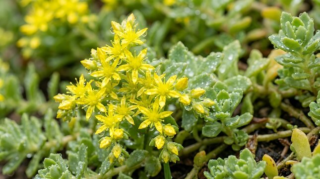 Tiny Yellow Star Shaped Succulent Blossoms Covered in Fresh Water Droplets - Close Up Nature Photography of Blooming Stringy Stonecrop Flora After Rain flower yellow succulent bloom water drops rain