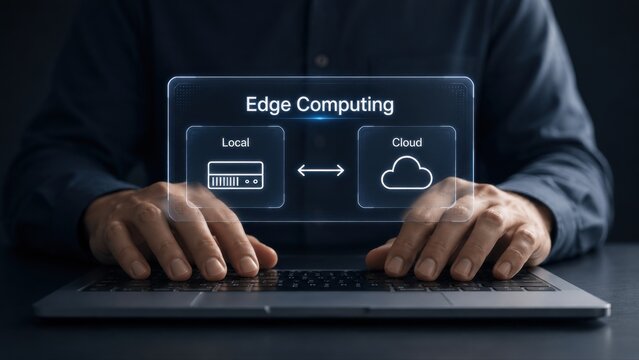 Hands on Laptop With Edge Computing Local and Cloud Holographic Panel