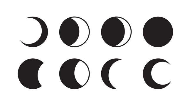 Set of black moon phases vector icons showing lunar cycle progression from crescent to full moon for calendar design.
