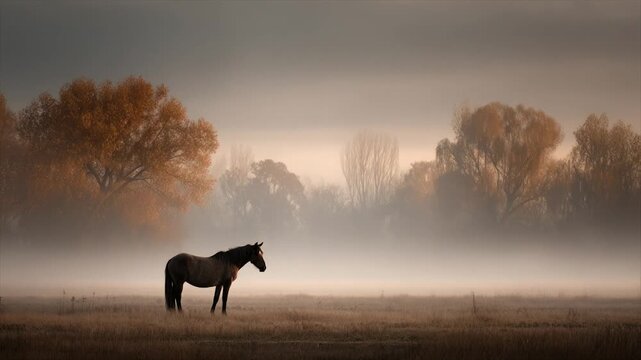 A lone horse stands in a misty field. Golden trees border the background on a hazy, overcast day
