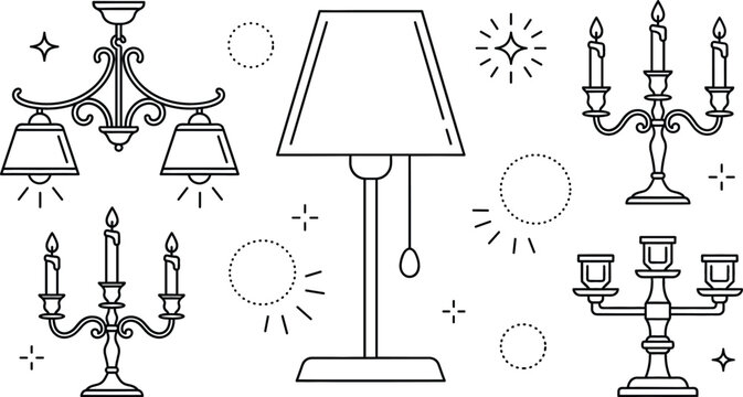 Lighting vector icon set featuring chandelier table lamp candelabra candle holder and decorative interior illumination outline design elements.