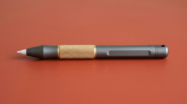 Sleek metal stylus pen featuring golden textured grip and dark gray matte finish isolated on a vibrant burnt orange surface background