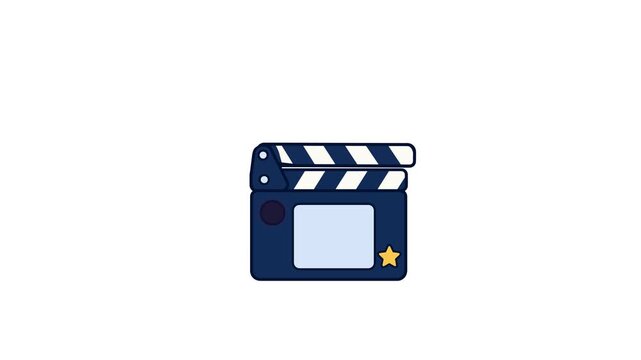 A minimalist flat vector animation of a classic movie clapperboard featuring a red recording dot and a small gold star detail.