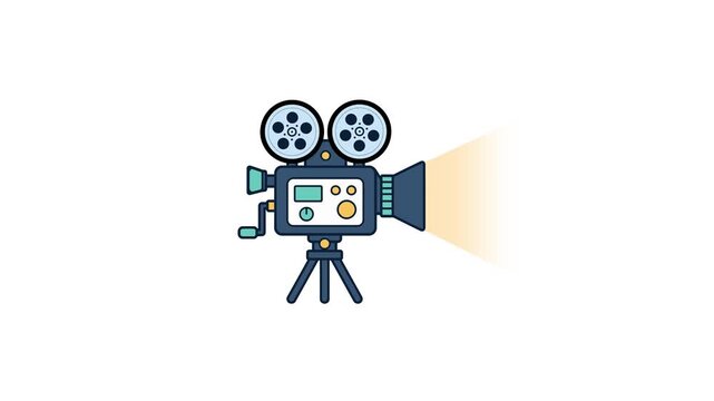 A clean vector animation showcasing a vintage tripod-mounted film projector camera.
