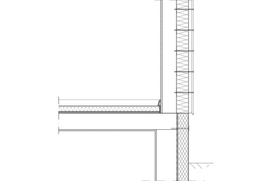 Technical CAD cross-section detail showing a wall-to-floor junction with structural slab, insulation layers, exterior cladding, and varied hatching patterns.