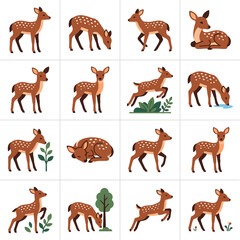 Obraz premium Collection of Fawn Illustrations in Various Poses and Activities.