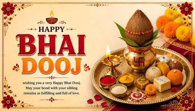 Happy Bhai Dooj festival greeting card with kalash and puja thali