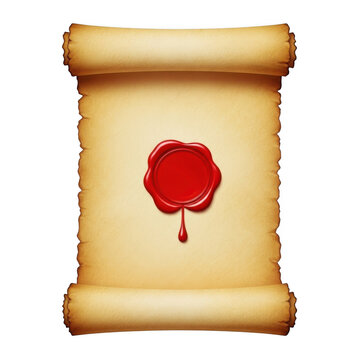 Red wax seal on old paper scroll with ribbon