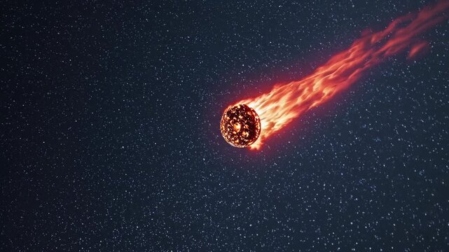 Fiery meteor traveling through deep space, shown in sequential motion across a star filled cosmic background. Asteroid impact and astronomy concept