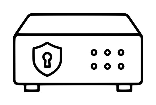 Hardware security module vector icon illustration featuring a secure server box with a shield and keyhole symbol for data protection, encryption, and cyber security network infrastructure hardware.