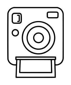 Minimalist black and white vector icon of a retro instant camera with a photo print emerging from the bottom, perfect for photography apps, vintage design projects, and creative graphic illustrations.