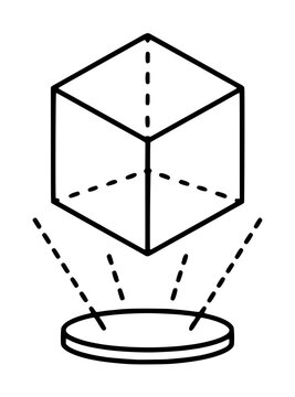 Minimalist holographic 3D cube projection vector icon featuring a transparent geometric box floating above a circular base with light rays, ideal for futuristic technology and digital innovation.