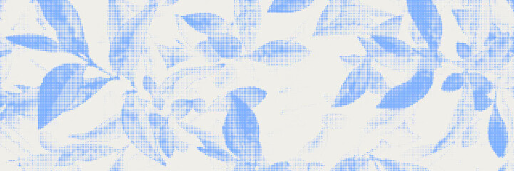 Naklejka premium Cyanotype halftone overlay texture blue leaves shadows. Abstract botanical background with tree branches, twig with leaf silhouettes in stipple dotted pattern for poster, banner, mixed media design 