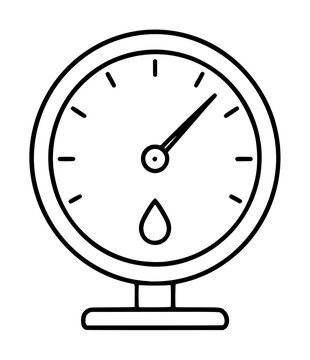 Sleek hygrometer vector icon showcasing a circular humidity gauge with a needle pointer and water drop symbol, perfect for weather monitoring, climate control, and scientific illustrations.