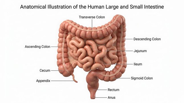 Anatomical illustration of the human large and small intestine with labeled