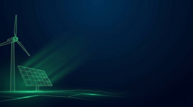 Minimalist Futuristic Green Energy Background with Glowing Renewable Technology Wireframe and Wide Copy Space