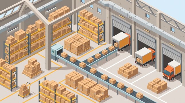 Warehouse shipping concept with stacked cardboard parcels, shelves, conveyor belt, barcode labels and organized delivery boxes in flat design