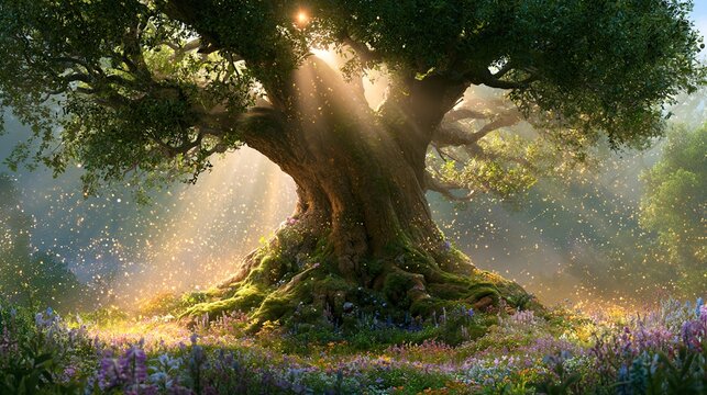 Majestic ancient oak tree in center of enchanted glade. sprawling mossy roots. vibrant wildflowers. cinematic volumetric sunbeams