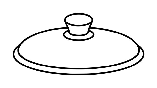 Minimalist vector icon of a kitchen pot lid with a round knob handle, perfect for cooking and culinary illustrations, featuring a clean black outline on a white background for modern design.