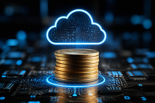 A glowing blue cloud icon hovers above a stack of gold coins on a dark, futuristic circuit board.