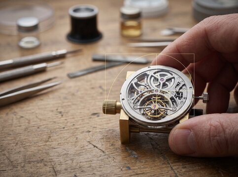 Watchmaker hands holding skeleton mechanical tourbillon movement on wooden workbench with golden ratio overlay