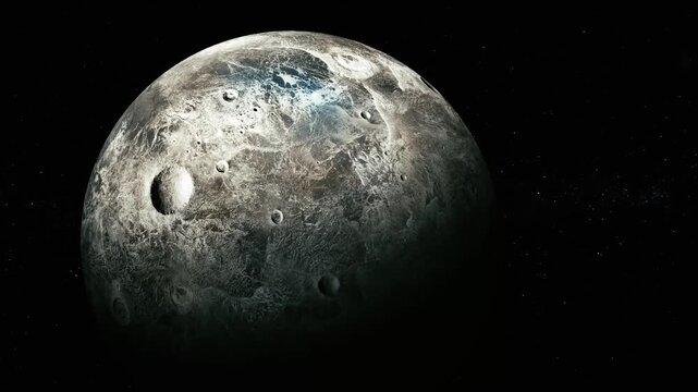 Large cratered moon or planet in deep space with a dark black background and rough rocky surface