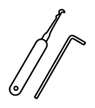 Professional black and white line art vector icon illustration of a lock picking tool set including a hook pick and tension bar, ideal for locksmith services, security, and privacy themes.