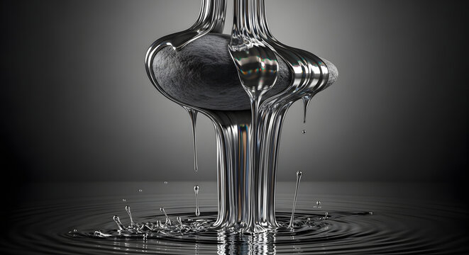 Chrome liquid flowing over dark grey rock and splashing into black water ripples.