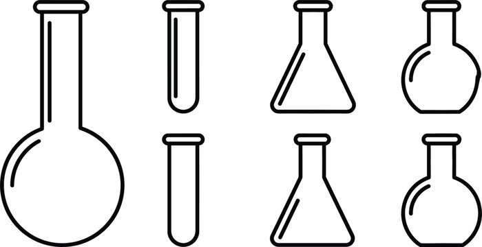 Science laboratory flask line vector icon set with chemistry test tube erlenmeyer flask beaker glass equipment for research