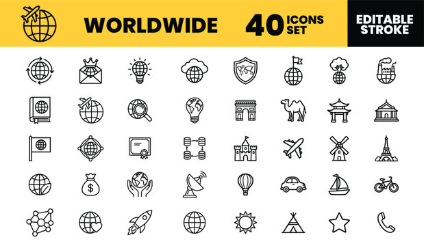 Professional set of forty worldwide line icons showing global travel symbols with a clean feel in a bright studio environment.