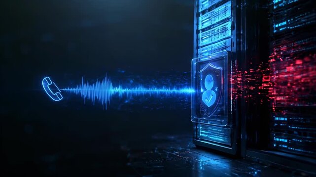 Voice waveform connects to secure server. Call authentication and cybersecurity concept with copy space