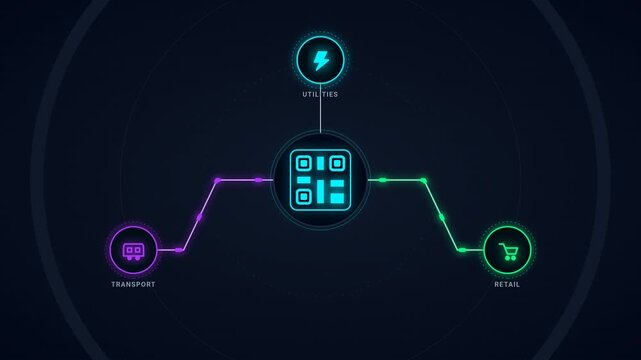 Neon Digital Wallet QR Code Network Fintech Ecosystem Animation