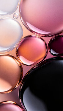 Abstract grainy 3D glass bubbles background with rose gold pink and black holographic gradient vertical composition perfect for premium mobile device wallpapers.