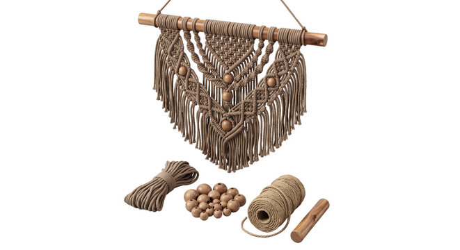 Bohemian macrame wall hanging decor with wooden dowel, hanging beads, cord bundle, wooden sphere beads, spool of twine, and spare dowel