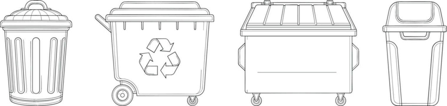 Trash bin and dumpster icon set vector black outline recycle collection line art isolated on white background