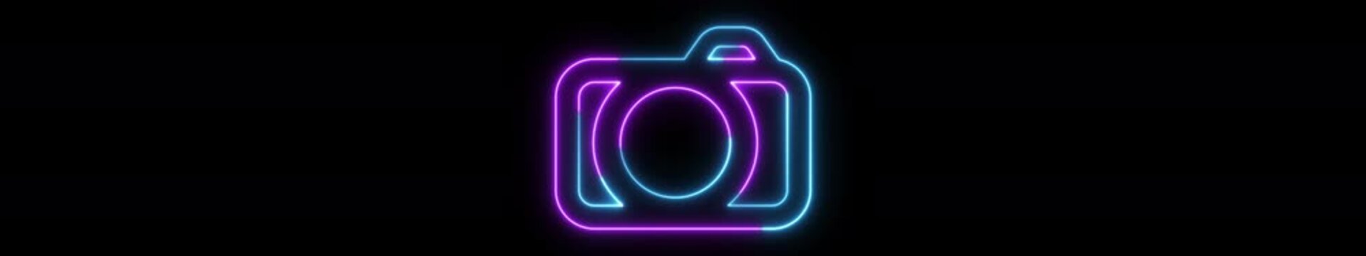 Ultrawide Neon Glowing Camera Icon Animation on Black Background &ndash; Modern Photography Symbol, Digital Photo Outline, Seamless Loop, 4K Widescreen Motion Graphics with Alpha