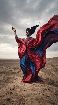 A powerful dark-skinned woman in a sweeping red and blue gown stands dynamically on a desert dune. Her fabric billows in the wind embodying elegance and strength beneath a cloudy sky.
