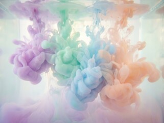Obraz premium Gentle pastel inks diffuse beautifully in clear water forming captivating fluid shapes. This ethereal and vibrant abstract background is ideal for art design and creative projects.