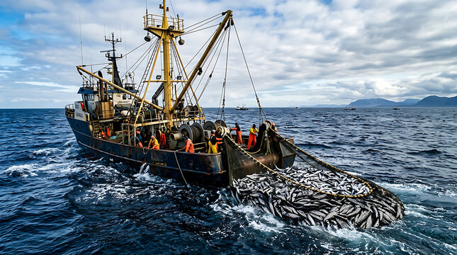Commercial fishing vessel hauling large catch at sea.
