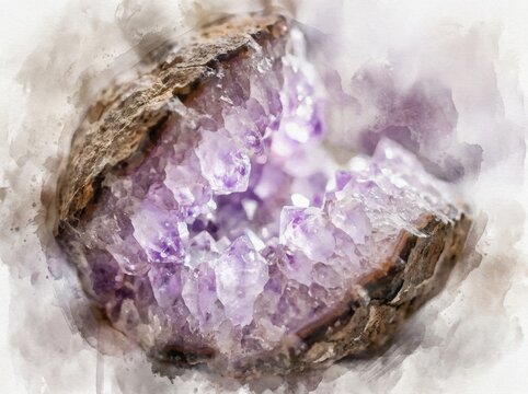A mesmerizing close-up watercolor painting of a natural amethyst geode showcasing sparkling purple crystal formations and rough rock textures an artistic and calming gemstone illustration.