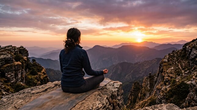 Rear view of woman sitting in lotus position meditating on rocky mountain peak during golden sunset, practicing yoga and mindfulness, symbolizing peace, spiritual balance